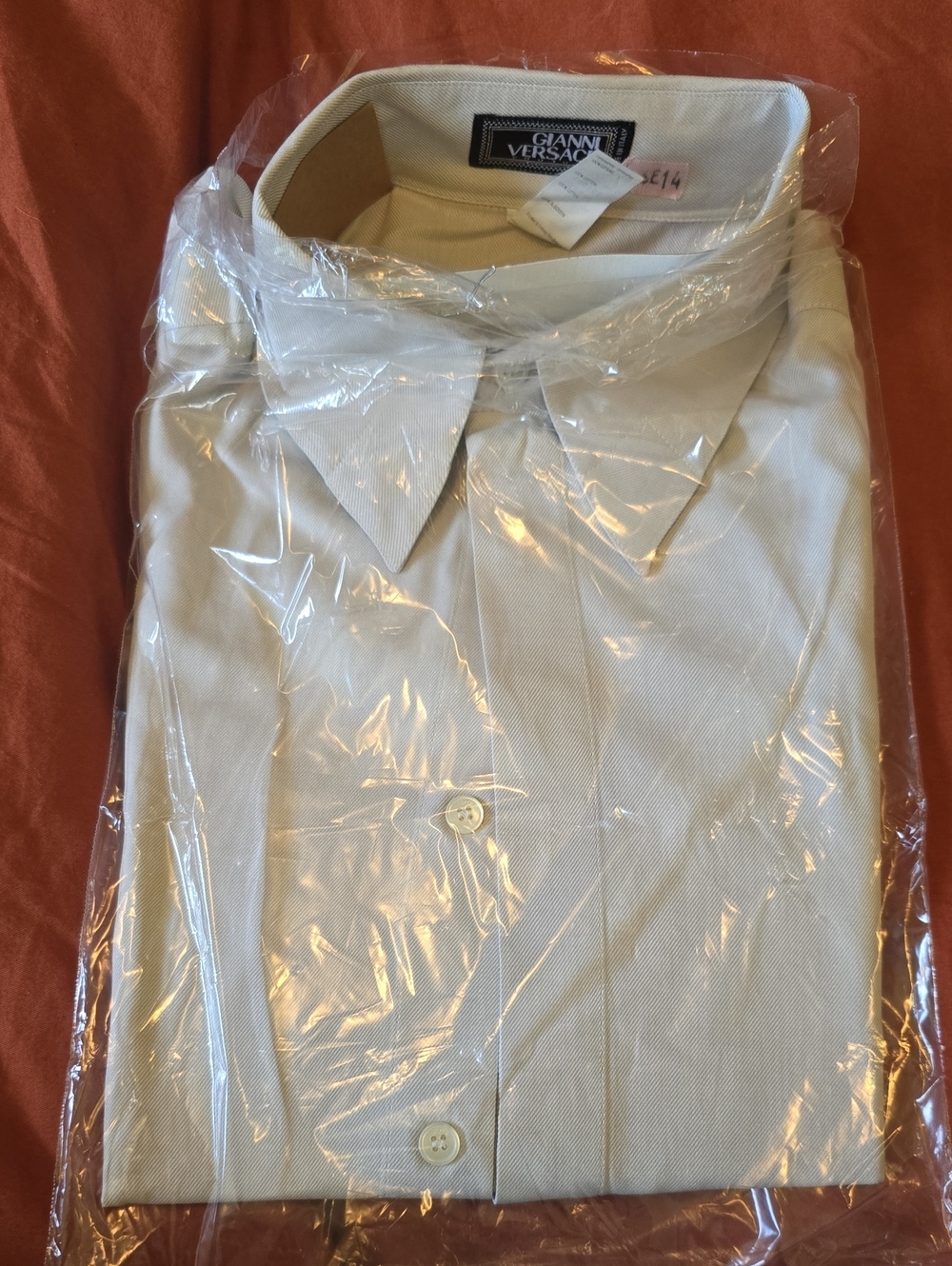 Vintage Versace Men's Cream Woven Dress Shirt with Point Collar
